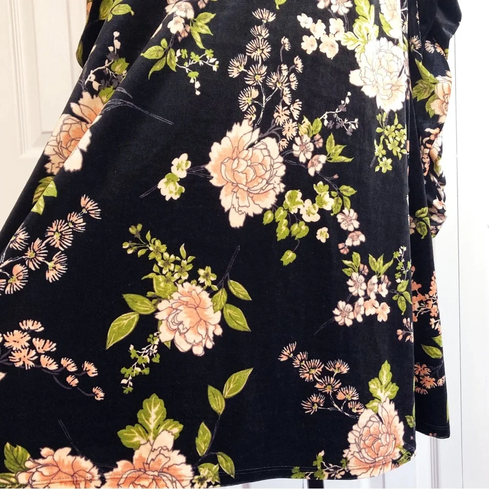 Capsule Black Multi Floral Velvet Ruched Long Sleeve Shift Dress 16 - Picture 11 of 16